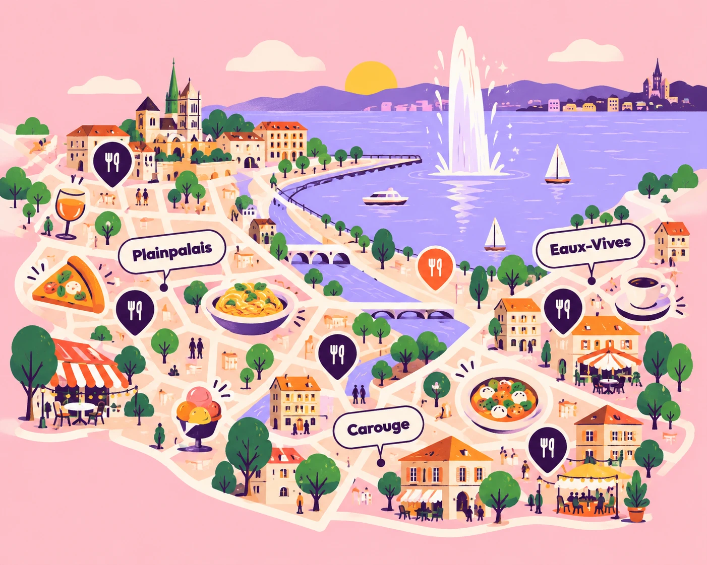 Illustration of Geneva: the lake, the Jet d'Eau and the Plainpalais, Eaux-Vives and Carouge neighbourhoods